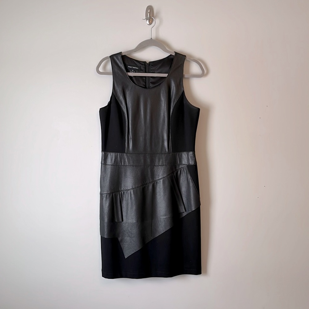 Edgy, mixed material party dress by Pink Tartan. Leather accents.
